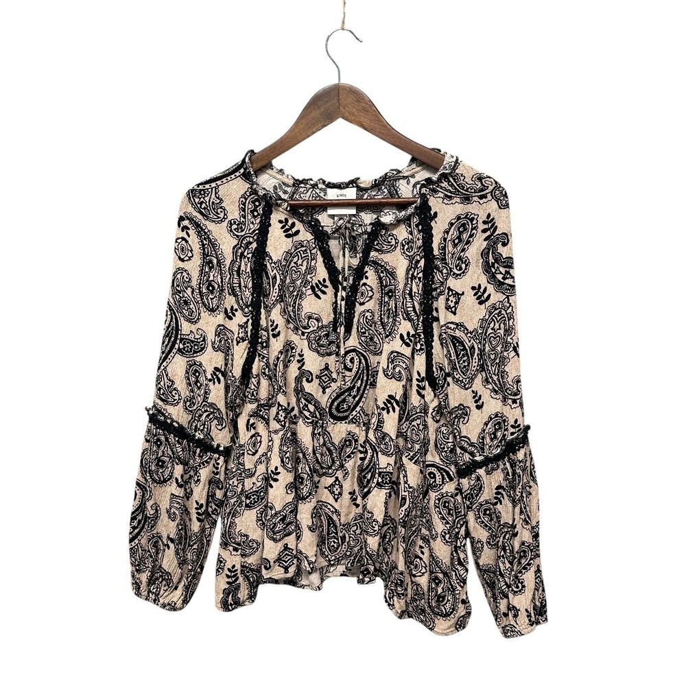 Knox Rose Womens Blouse Size XXL Brown Paisley Boho Long Sleeves Baby Doll Top
